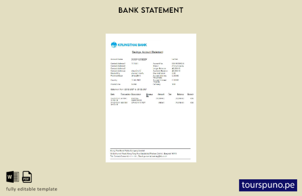 listo para imprimir plantilla de Excel de extracto bancario de Tailandia Krungth